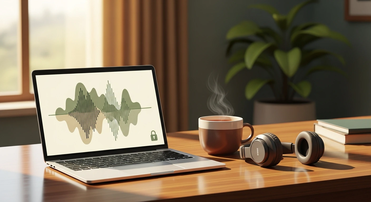 Hypnotherapy practice setup with laptop, headphones and tea — calm, privacy-respecting online session