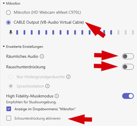 Teams advanced audio settings: CABLE Output selected, Spatial Audio + Noise Suppression + Echo Cancellation off, High Fidelity Music Mode on