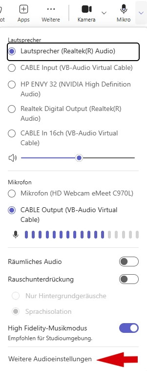 Teams microphone dropdown with speaker and microphone selection