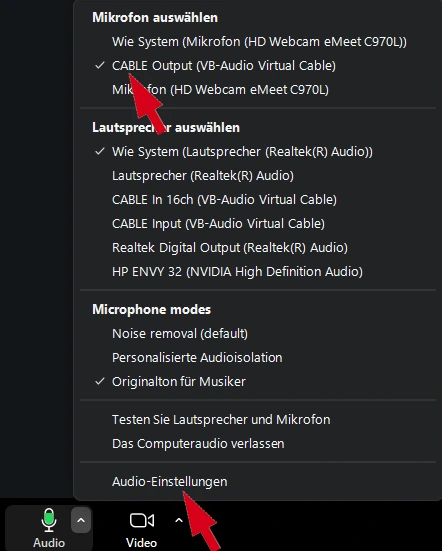 Zoom microphone quick menu with Audio Settings at the bottom