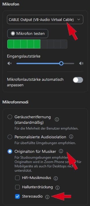 Zoom microphone mode set to Original sound for musicians with stereo audio enabled