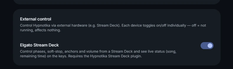 Hypnotika TranceDeck settings: the „External control