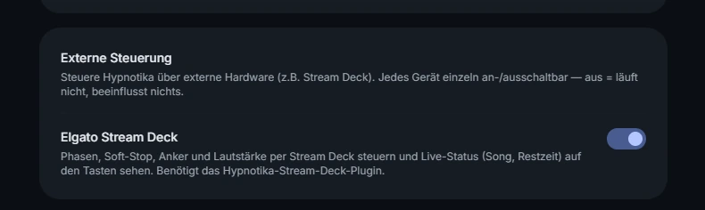 Einstellungen von Hypnotika TranceDeck: die Karte „Externe Steuerung