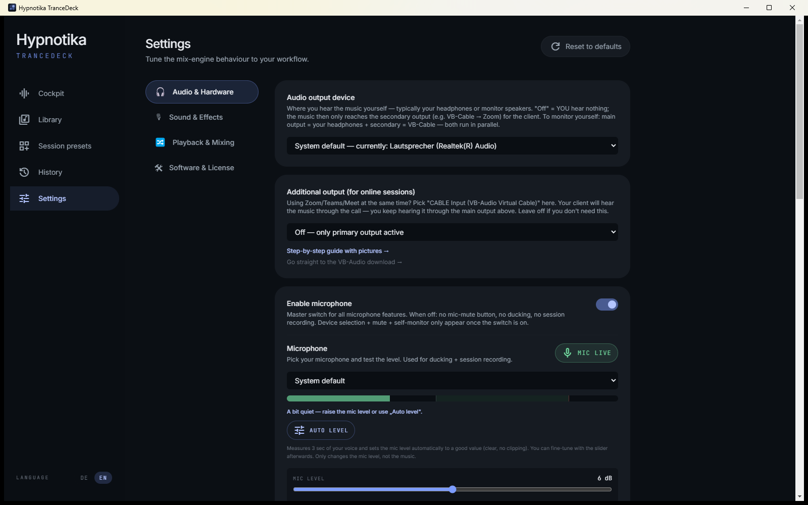 Settings — audio output and microphone