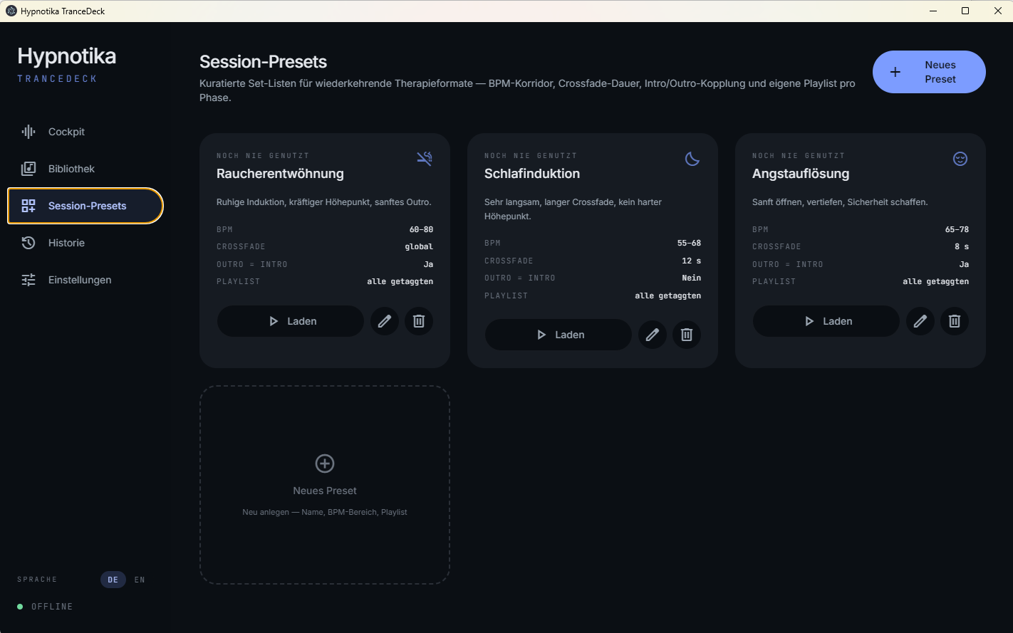 Session presets for quick switching between session types